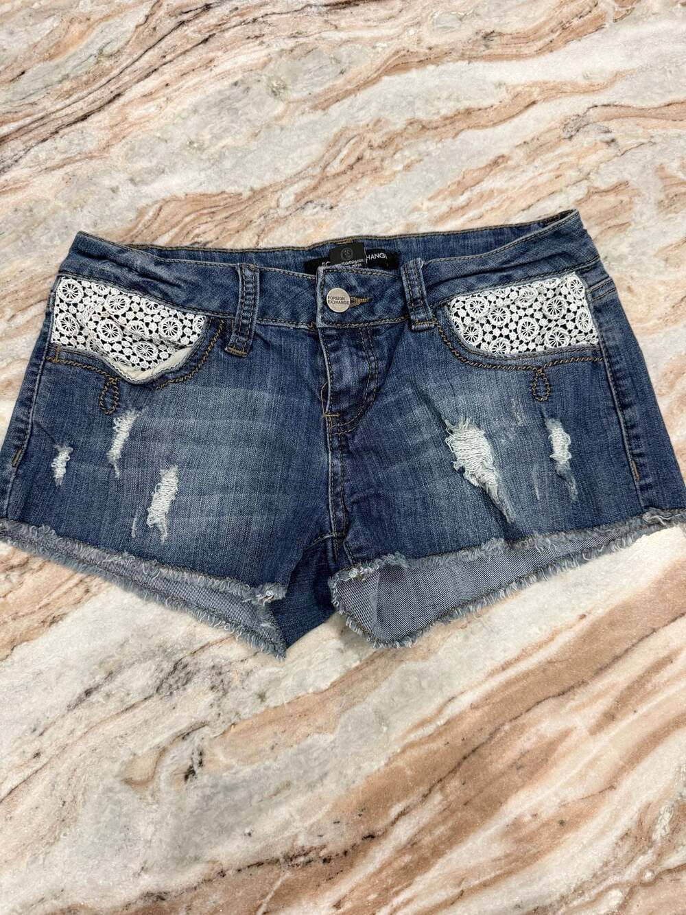 Foreign Exchange Distressed Denim Shorts with Lace Pocket Detail